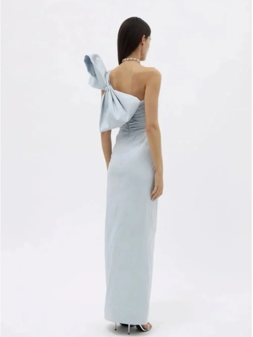 Rachel Gilbert Light Blue One-Shoulder Ruched Gown with Bow - Picture 2 of 13
